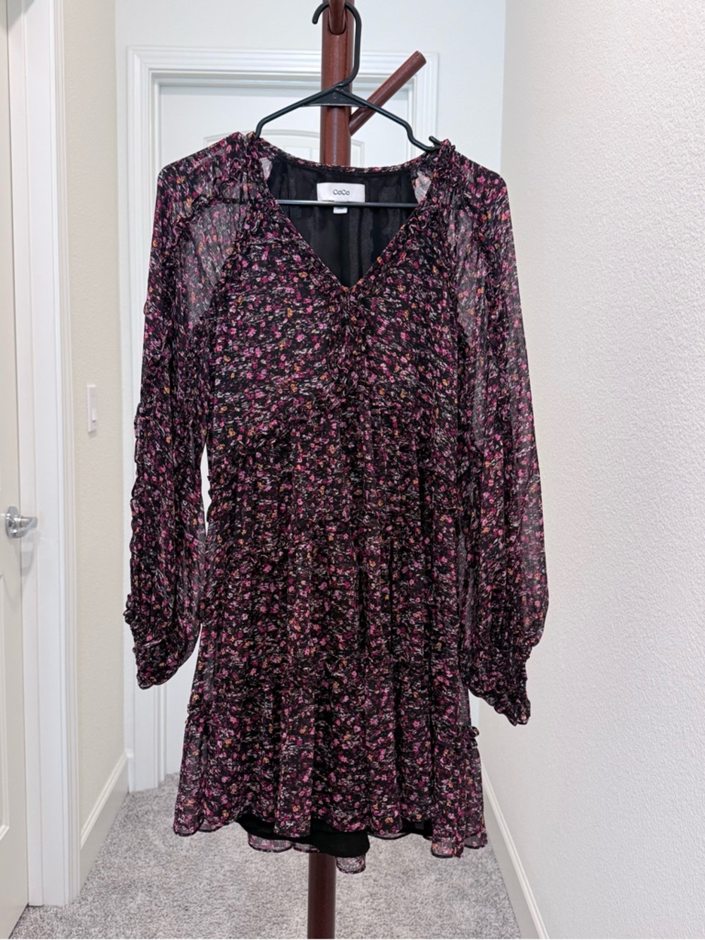 CeCe Black Floral V-Neck Long Sleeve Dress with Pink Accents